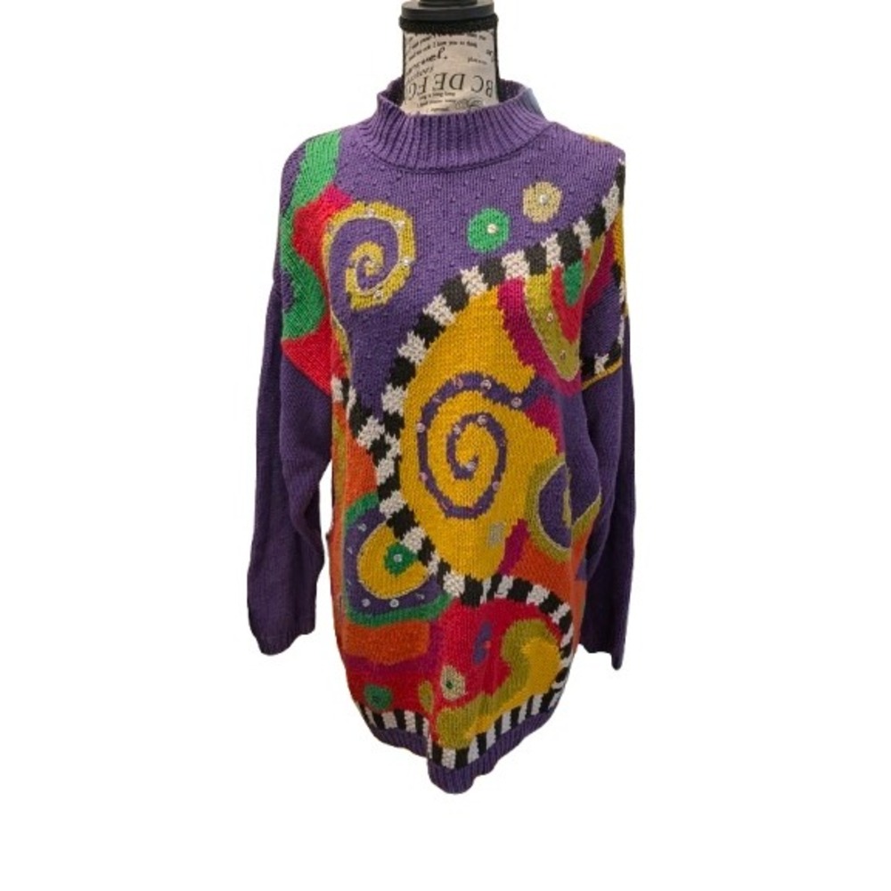 90s Chaus Abstract Swirl Beaded Sweater Art to Wear Sequin Jewel Knit Sz S